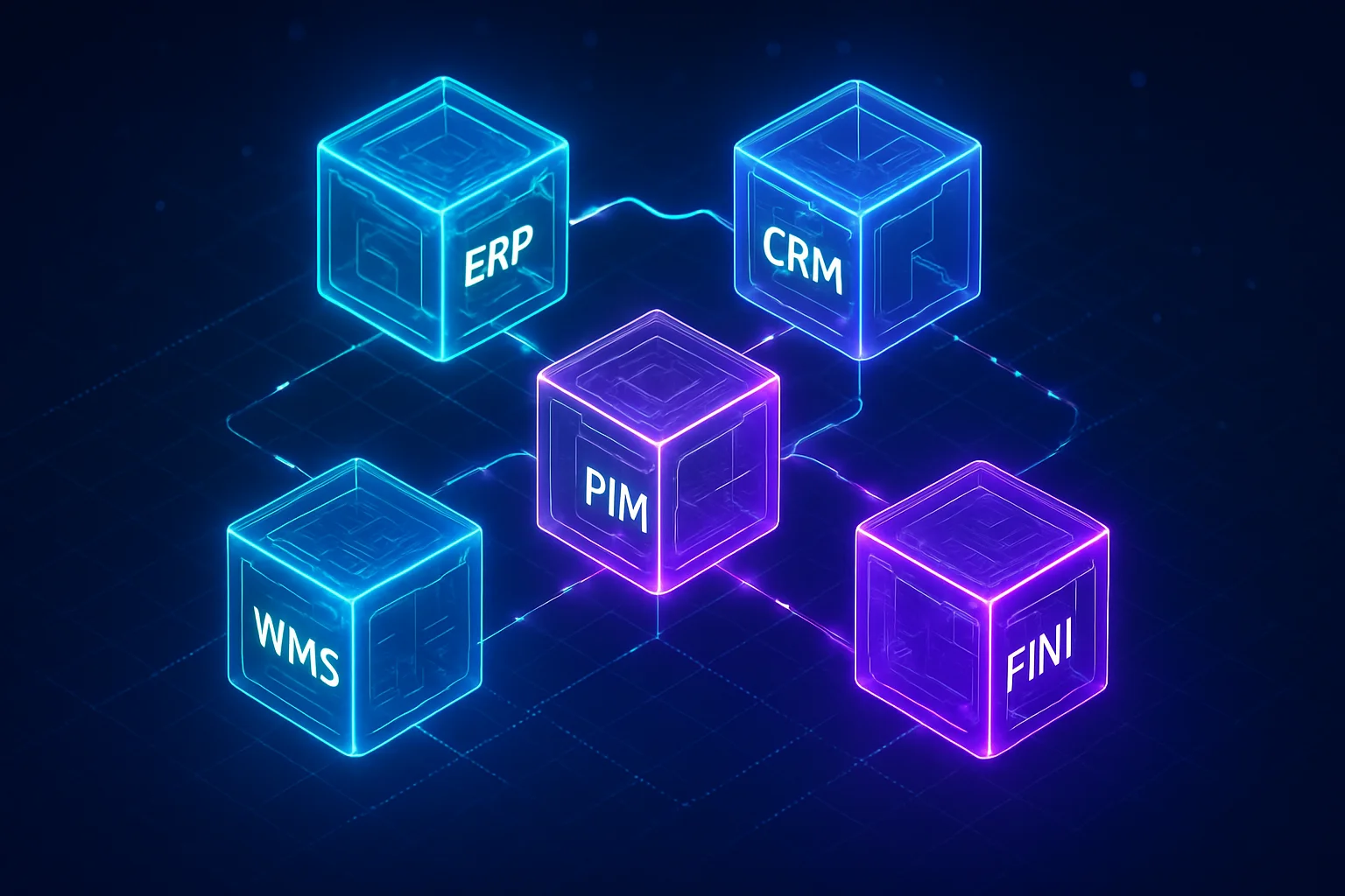 Neon holographic isometric server stack symbolizing B2B ecosystem integracji