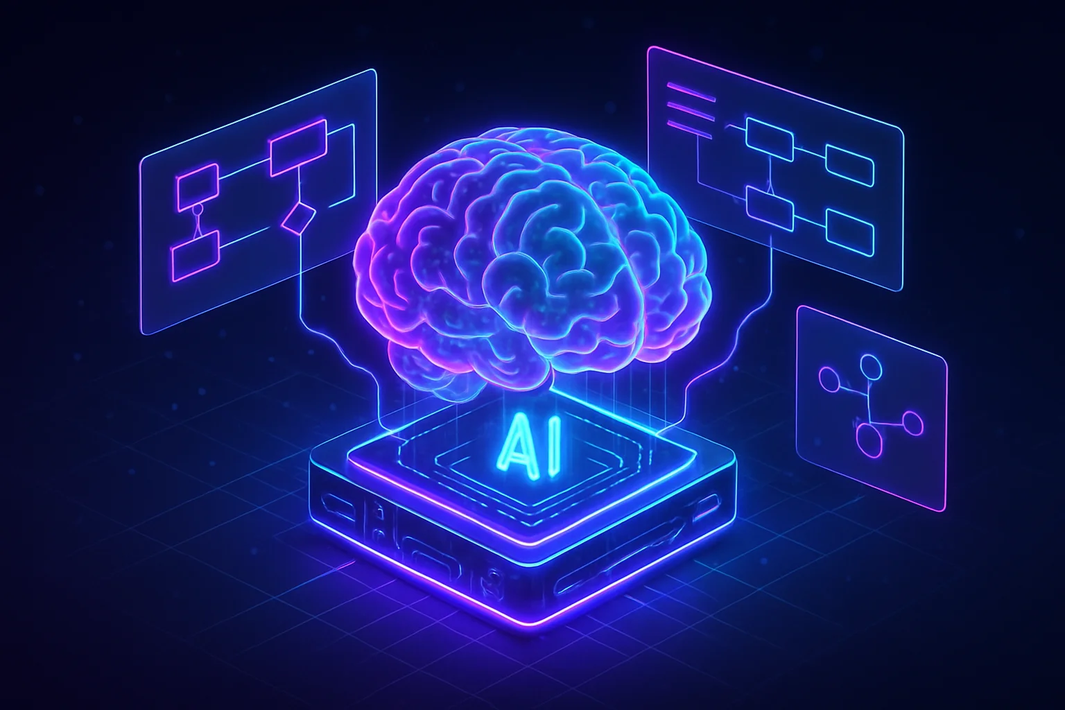 Neon holographic AI brain with glowing workflows and data flows in isometric view