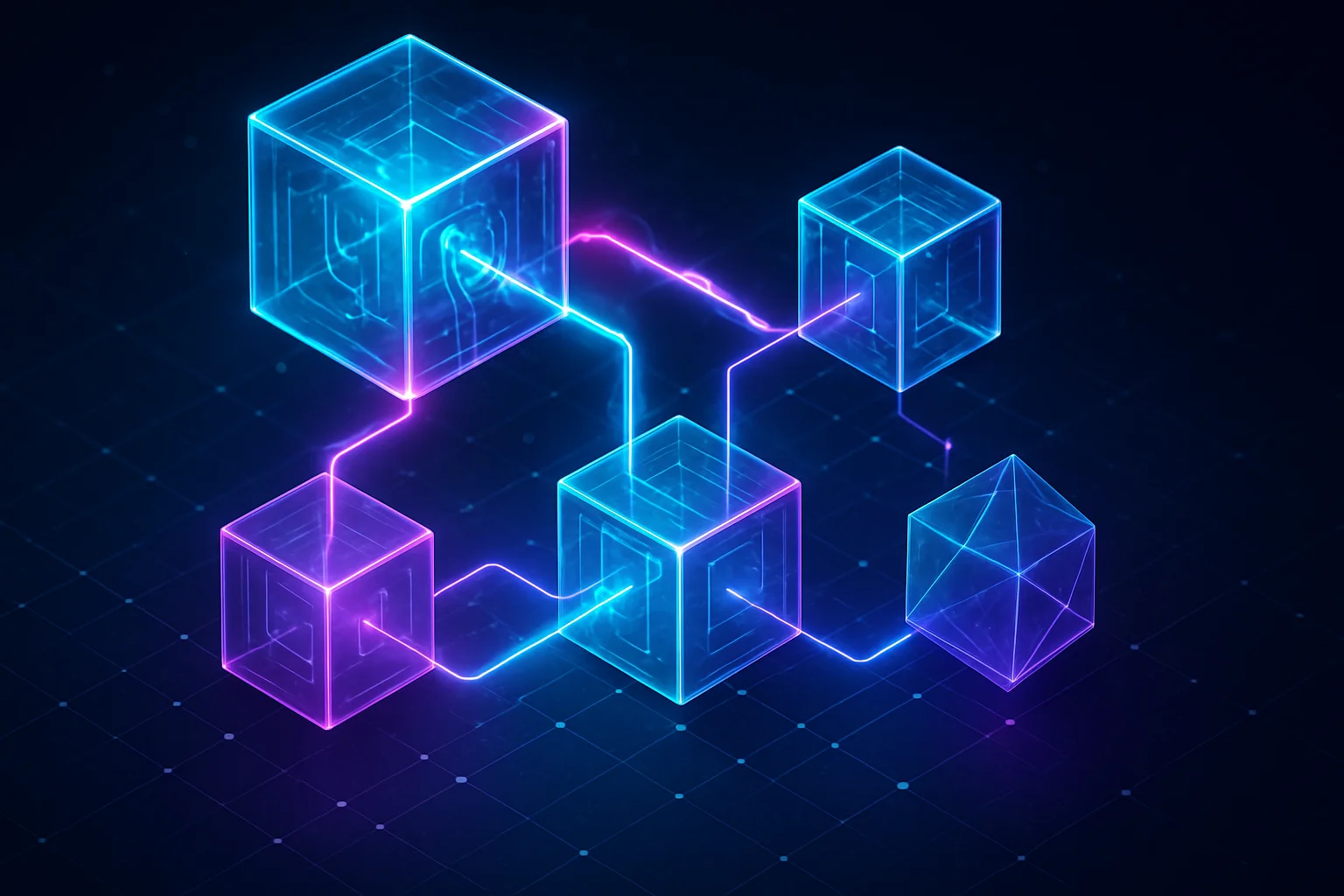 Izometryczna wizualizacja modularnego ekosystemu no-code i low-code z neonowymi połączeniami danych
